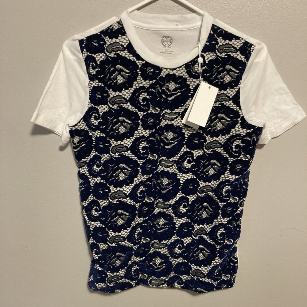 Tory Burch Womens Floral Shirt Velour Textured Cotton Size XXS Blue